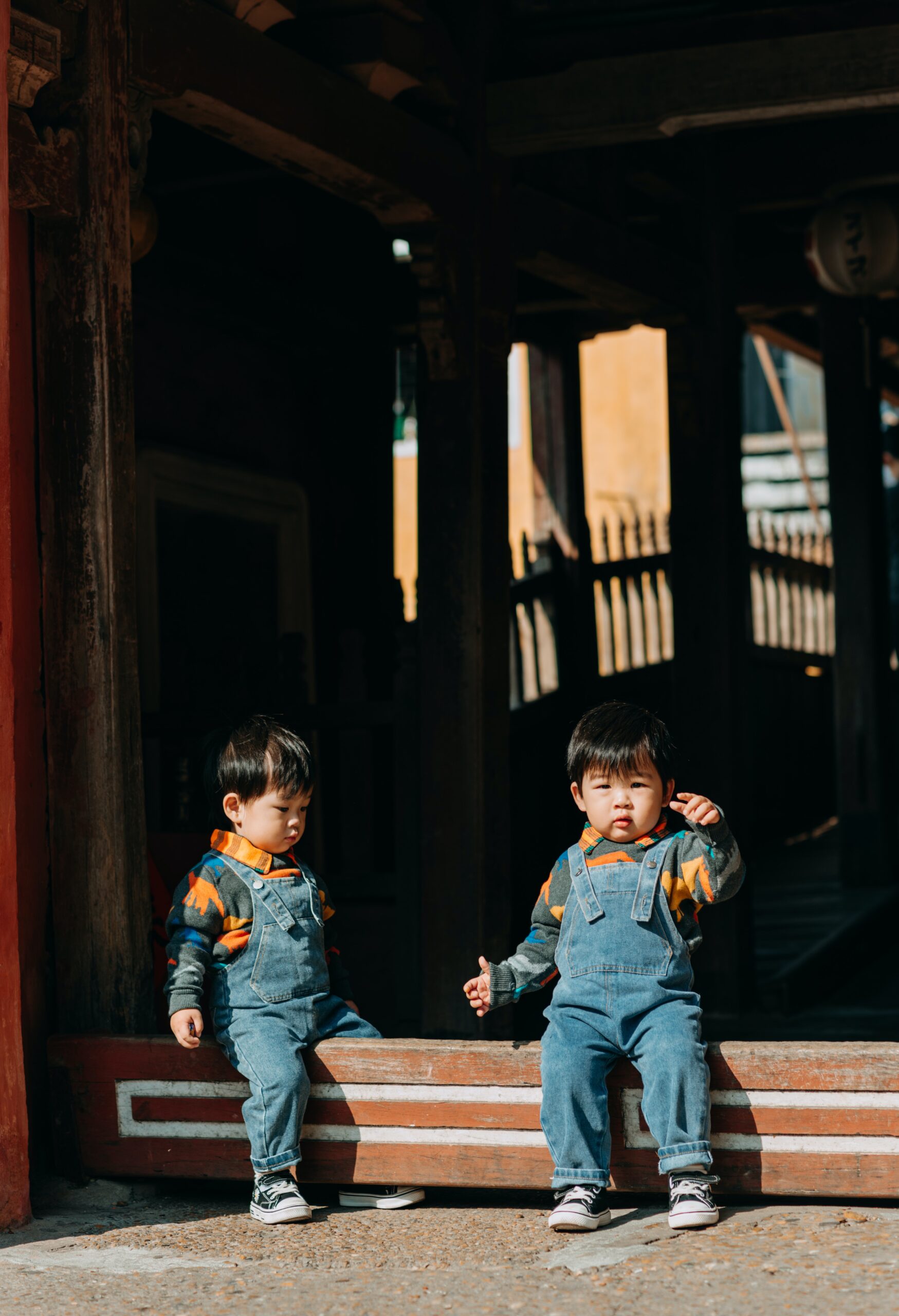 Boys wearing overalls sitting on stairs showing signs of autism in twins
