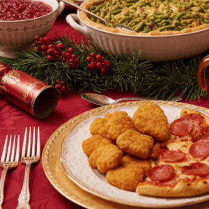 A festive Christmas dinner table set with fine china and candles, featuring a plate of chicken nuggets and pepperoni pizza as a sensory-friendly alternative to a traditional turkey dinner.