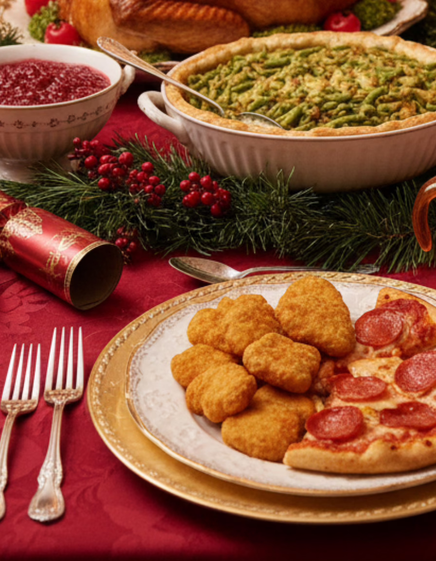A festive Christmas dinner table set with fine china and candles, featuring a plate of chicken nuggets and pepperoni pizza as a sensory-friendly alternative to a traditional turkey dinner.