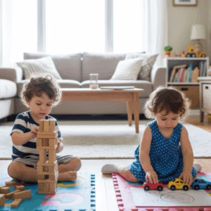 autistic twins playing in living room near each other