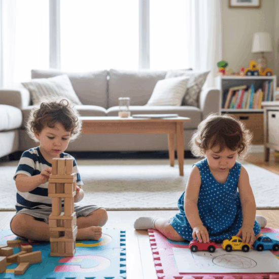 autistic twins playing in living room near each other